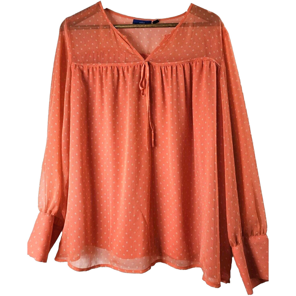 Womens Sz XL Orange Print Babydoll Flowy Fairy Feminine Sheer V-neck Apt 9 Top